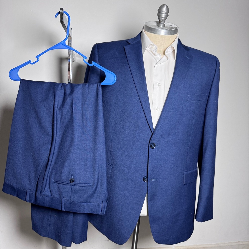 Perry Ellis Portfolio Suit Mens 48L W44 Blue Solid Modern Fit Wool 2-Button